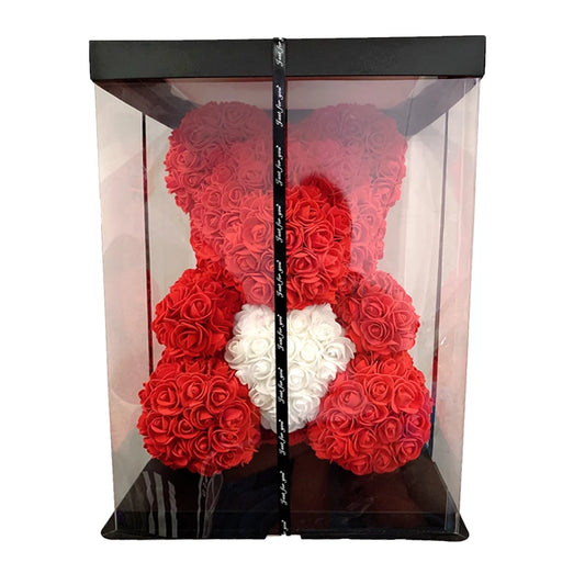 Ours en Roses Artificielles 40 cm avec Cœur – Cadeau Romantique pour Saint-Valentin & Anniversaire