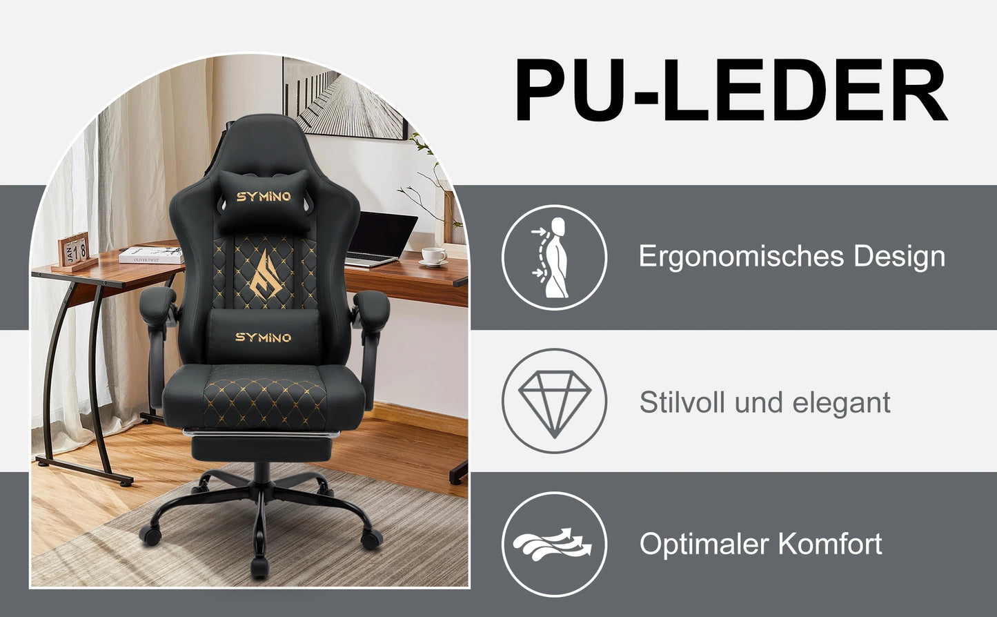 Chaise Gaming Symino avec repose-pieds et accoudoirs réglables