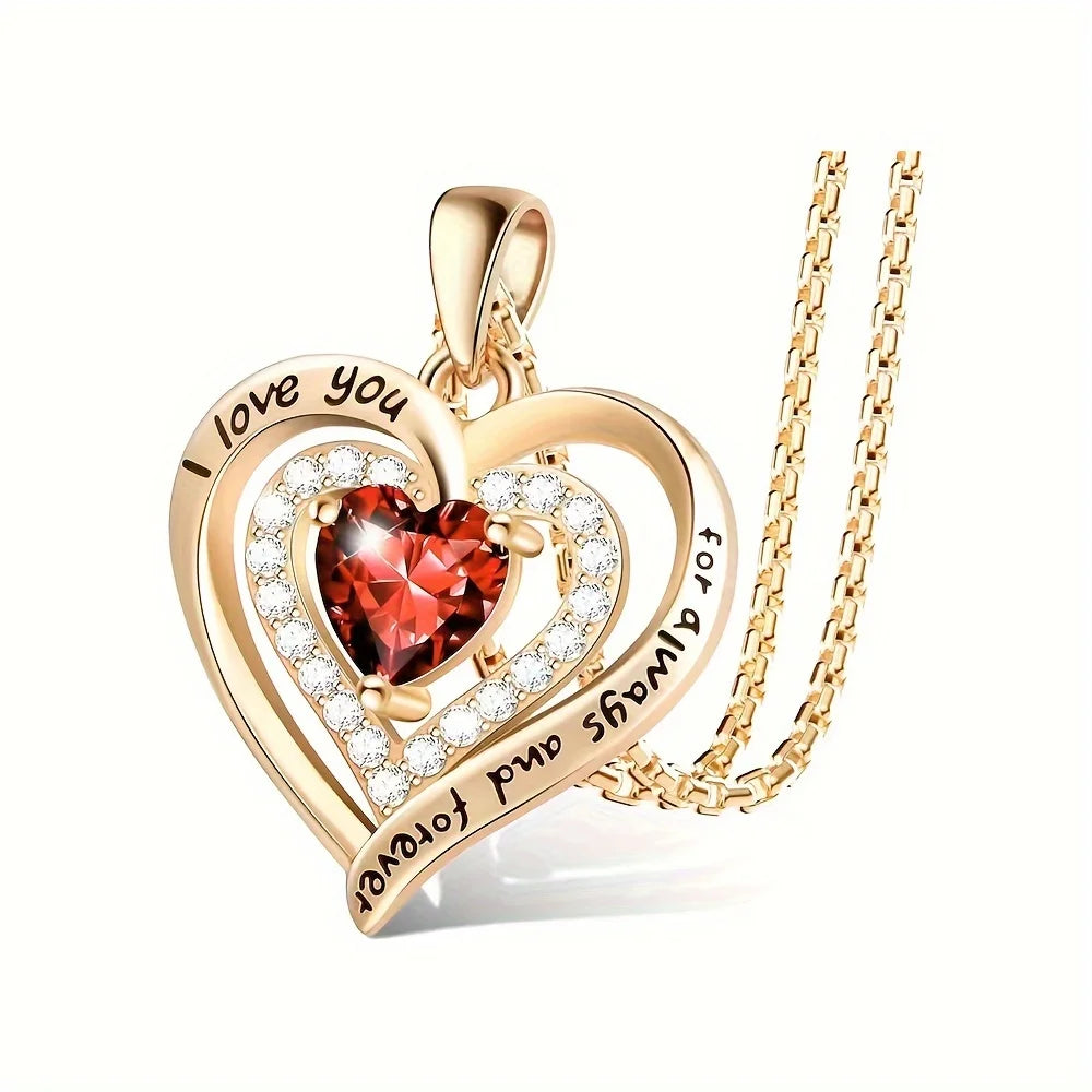 Collier de Luxe “Je t’aime pour Toujours” – Pendentif Zircon Rouge | Cadeau Romantique pour Femme