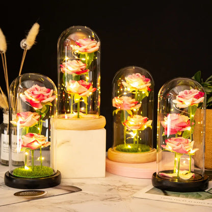 Rose Éternelle sous Cloche en Verre avec LED – Bouquet de 3 Roses Artificielles, Cadeau Romantique