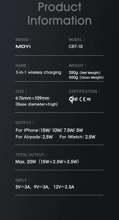 Chargeur sans fil magnétique 3-en-1 Qi2 – Charge rapide 15W