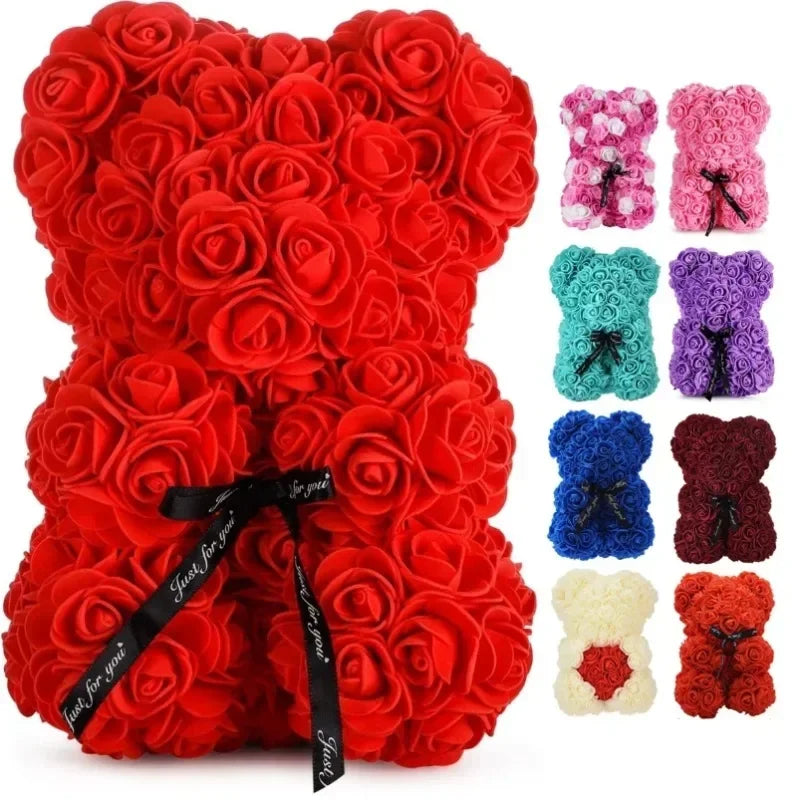 Ours en Roses Artificielles Rouges – Peluche Cadeau Romantique & Déco Fleurie