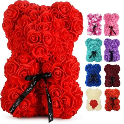 Ours en Roses Artificielles Rouges – Peluche Cadeau Romantique & Déco Fleurie