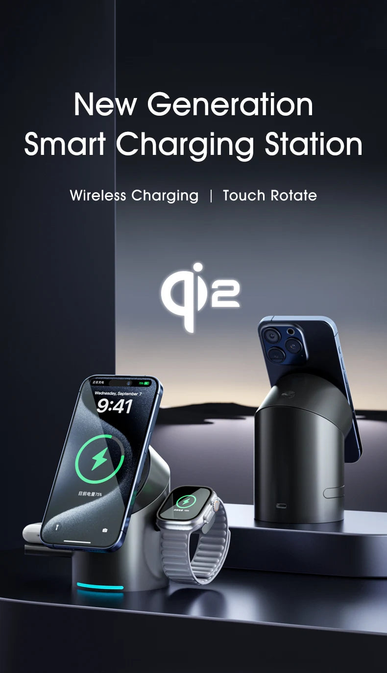 Chargeur sans fil magnétique 3-en-1 Qi2 – Charge rapide 15W