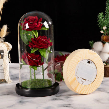 Rose Éternelle sous Cloche en Verre avec LED – Bouquet de 3 Roses Artificielles, Cadeau Romantique