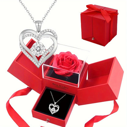 Collier Double Cœur pour Femme avec Boîte Cadeau Rose – Cadeau Romantique pour Maman, Femme ou Petite Amie