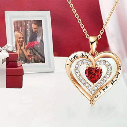 Collier de Luxe “Je t’aime pour Toujours” – Pendentif Zircon Rouge | Cadeau Romantique pour Femme