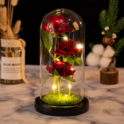 Rose Éternelle sous Cloche en Verre avec LED – Bouquet de 3 Roses Artificielles, Cadeau Romantique