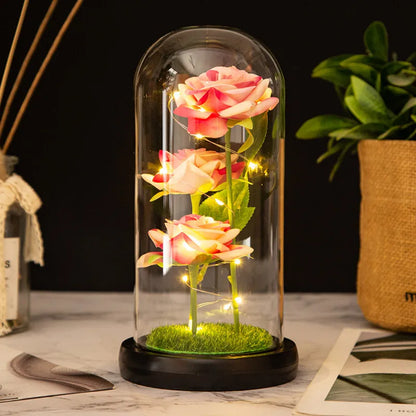 Rose Éternelle sous Cloche en Verre avec LED – Bouquet de 3 Roses Artificielles, Cadeau Romantique