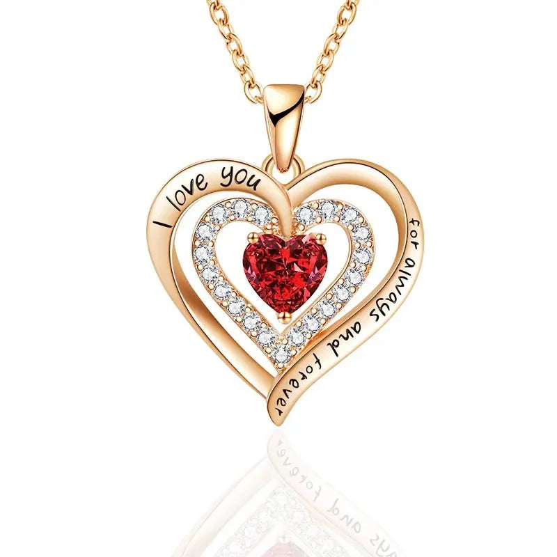 Collier de Luxe “Je t’aime pour Toujours” – Pendentif Zircon Rouge | Cadeau Romantique pour Femme