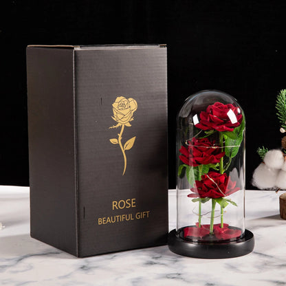 Rose Éternelle sous Cloche en Verre avec LED – Bouquet de 3 Roses Artificielles, Cadeau Romantique