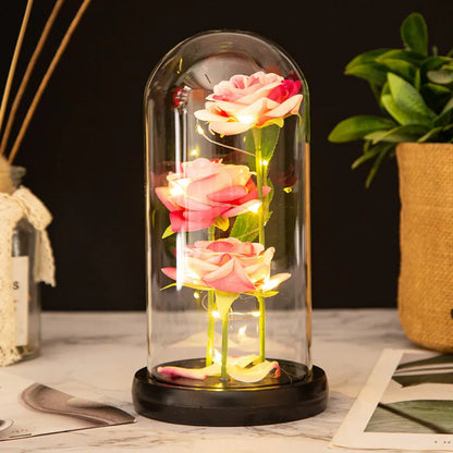Rose Éternelle sous Cloche en Verre avec LED – Bouquet de 3 Roses Artificielles, Cadeau Romantique