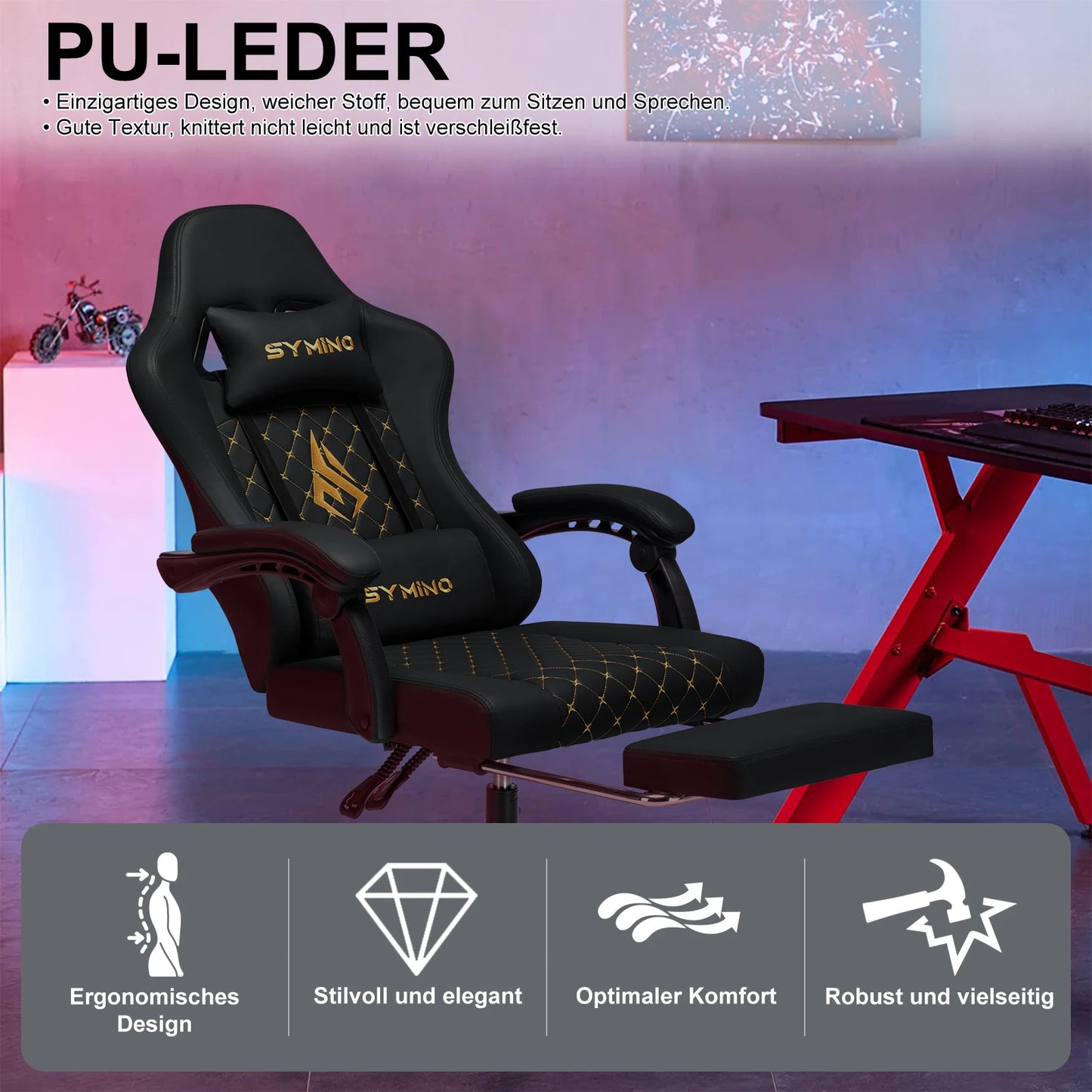 Chaise Gaming Symino avec repose-pieds et accoudoirs réglables