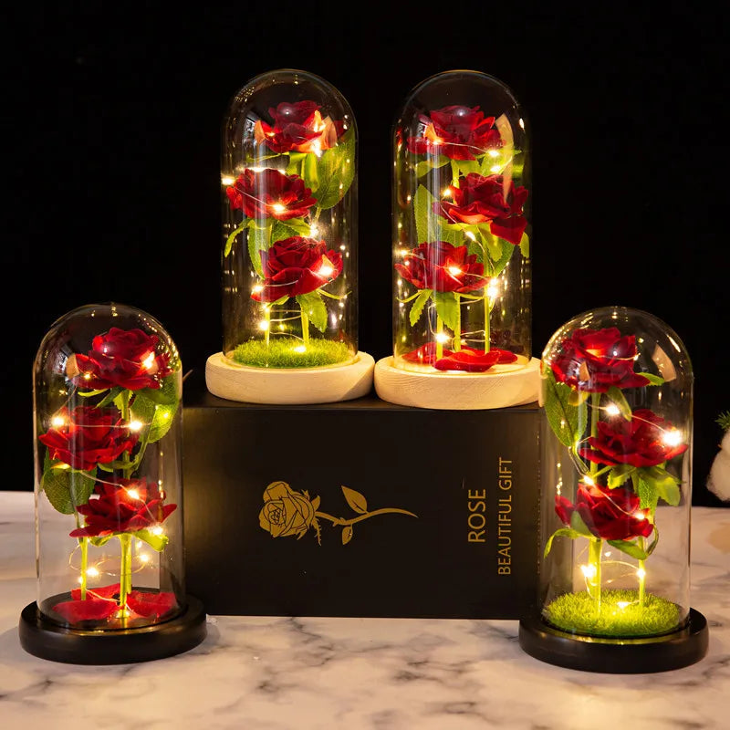 Rose Éternelle sous Cloche en Verre avec LED – Bouquet de 3 Roses Artificielles, Cadeau Romantique