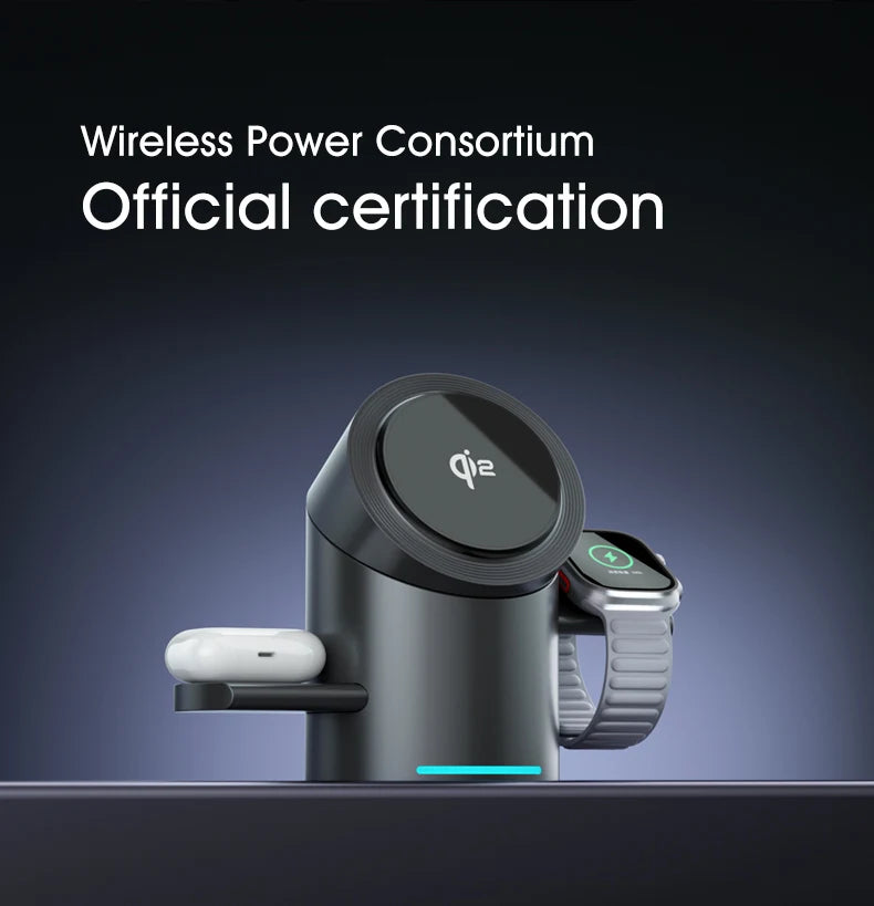 Chargeur sans fil magnétique 3-en-1 Qi2 – Charge rapide 15W