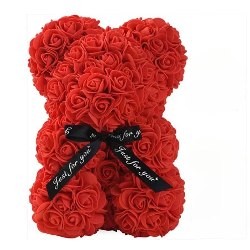 Ours en Roses Artificielles Rouges – Peluche Cadeau Romantique & Déco Fleurie
