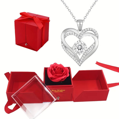 Collier Double Cœur pour Femme avec Boîte Cadeau Rose – Cadeau Romantique pour Maman, Femme ou Petite Amie