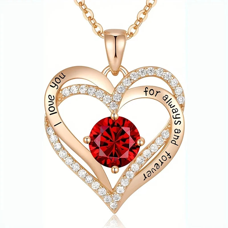 Collier de Luxe “Je t’aime pour Toujours” – Pendentif Zircon Rouge | Cadeau Romantique pour Femme