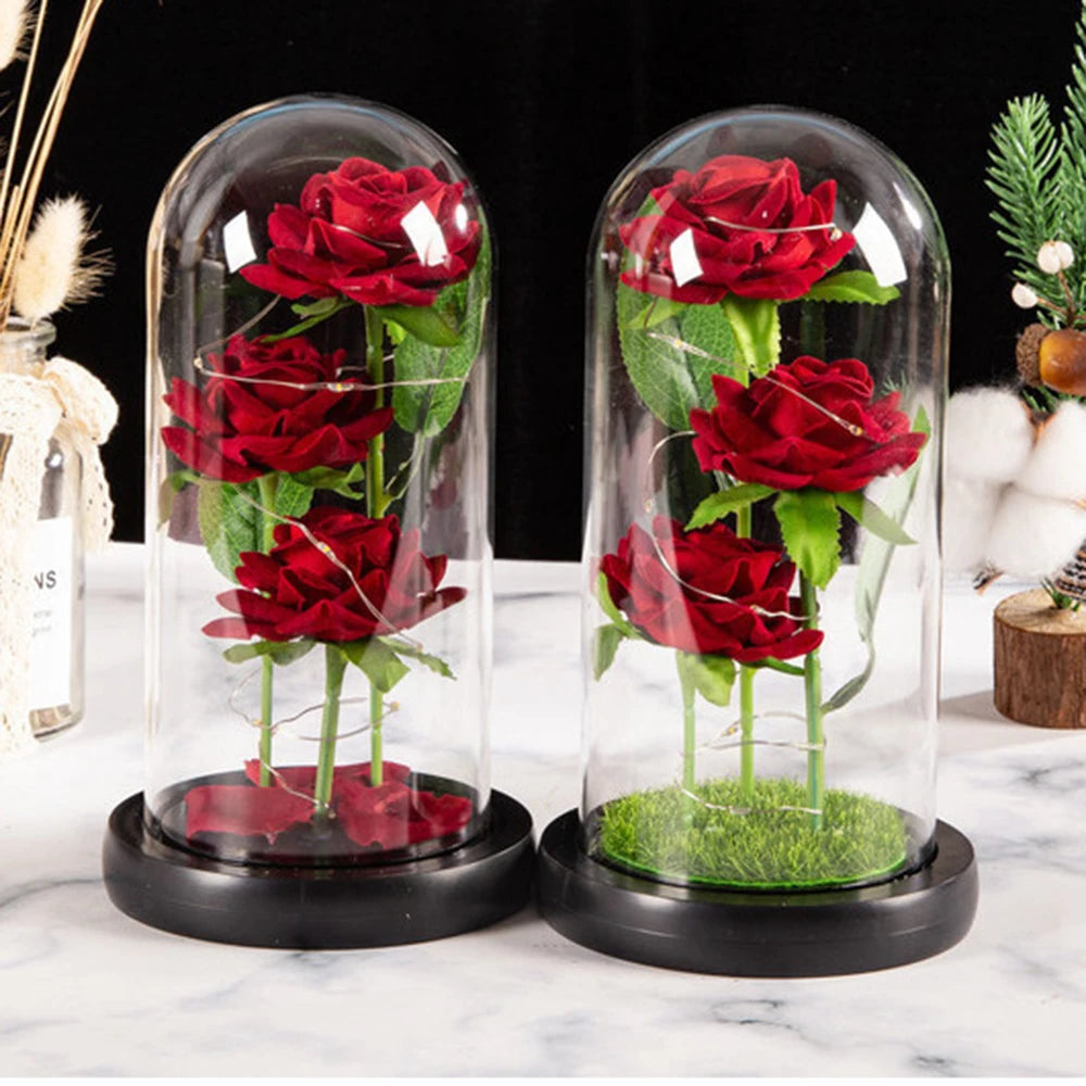 Rose Éternelle sous Cloche en Verre avec LED – Bouquet de 3 Roses Artificielles, Cadeau Romantique