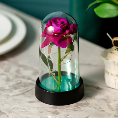 Rose Éternelle sous Cloche en Verre avec LED – Bouquet de 3 Roses Artificielles, Cadeau Romantique
