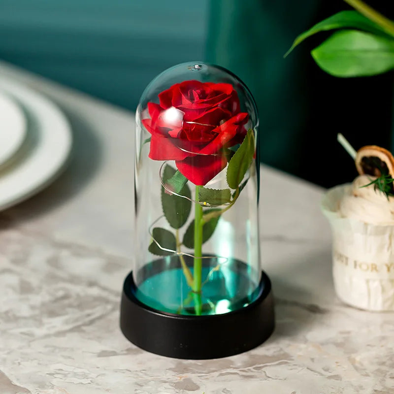 Rose Éternelle sous Cloche en Verre avec LED – Bouquet de 3 Roses Artificielles, Cadeau Romantique