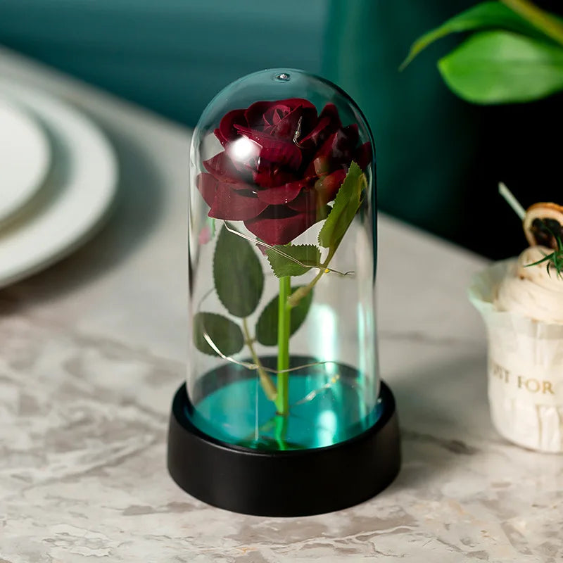 Rose Éternelle sous Cloche en Verre avec LED – Bouquet de 3 Roses Artificielles, Cadeau Romantique