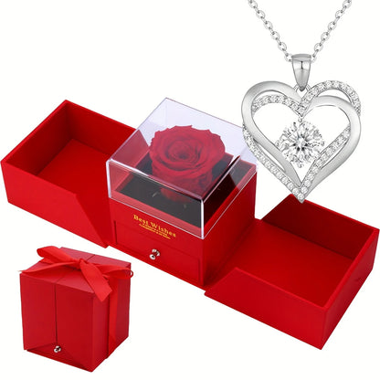 Collier Double Cœur pour Femme avec Boîte Cadeau Rose – Cadeau Romantique pour Maman, Femme ou Petite Amie